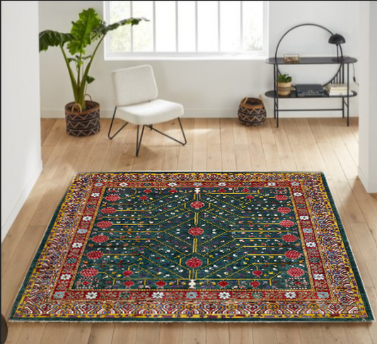 Emerald Green & Red Premium Handwoven Pure Wool Kotan Rug, 6ft 6in x 6ft 6in