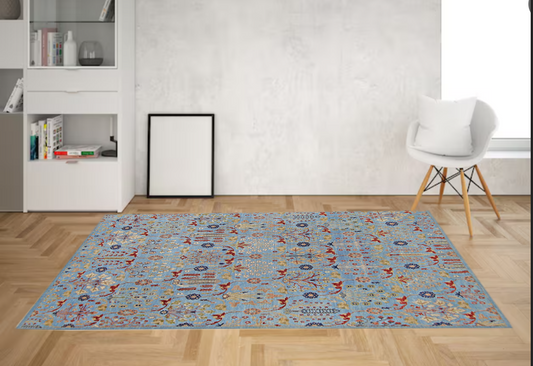 Blue & Ivory Premium Handwoven Pure Wool Chobrang Rug, 9ft 3in x 12ft 2in