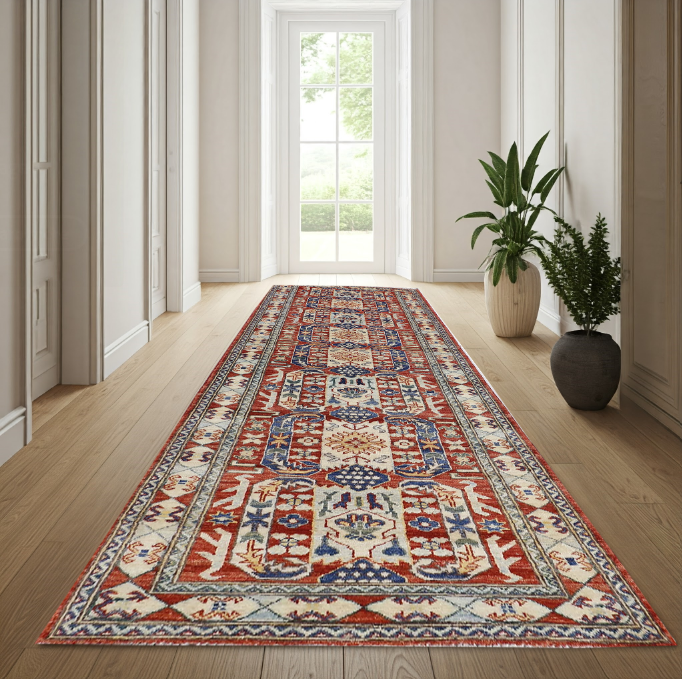 Red & Ivory Premium Handwoven Pure Wool Chobrang Rug, 2ft 8in x 9ft 11in