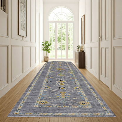 Grey & Yellow Premium Handwoven Pure Wool Chobrang Rug, 2ft 8in x 9ft 4in