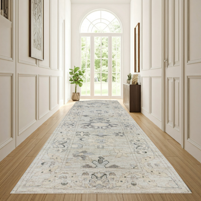 Ivory & Grey Premium Handwoven Pure Wool Chobrang Rug, 3ft 1in x 9ft 4in