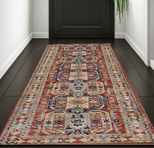 Ivory & Rust Premium Handwoven Pure Wool Chobrang Rug, 2ft 8in x 9ft 9in