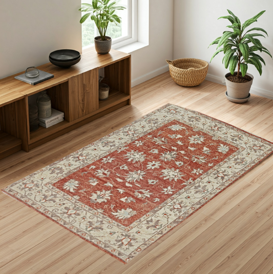 Rust & Ivory Premium Handwoven Pure Wool Chobrang Rug, 2ft 8in x 3ft 11in