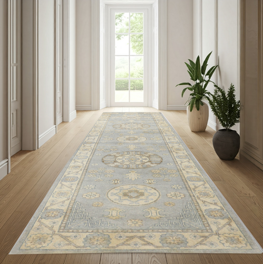 Sky Blue & Ivory Premium Handwoven Pure Wool Kotan Rug, 2ft 7in x 9ft 7in