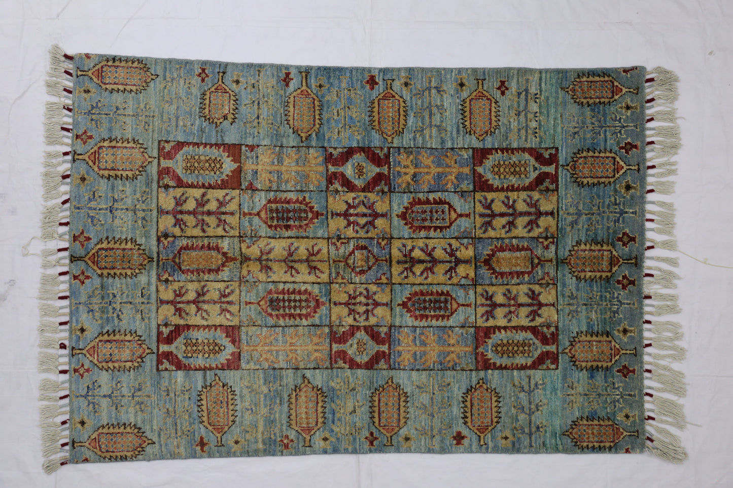 Sky Blue & Red Premium Handwoven Pure Wool Chobrang Rug, 3ft 2in x 4ft 8in