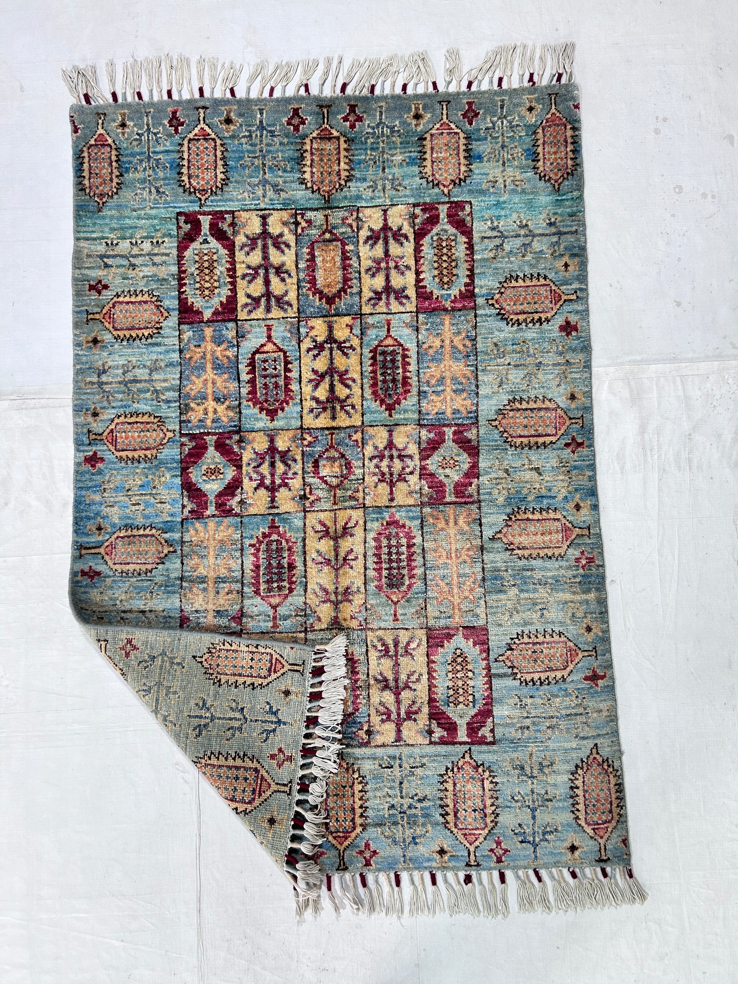 Sky Blue & Red Premium Handwoven Pure Wool Chobrang Rug, 3ft 2in x 4ft 8in