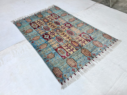 Sky Blue & Red Premium Handwoven Pure Wool Chobrang Rug, 3ft 2in x 4ft 8in