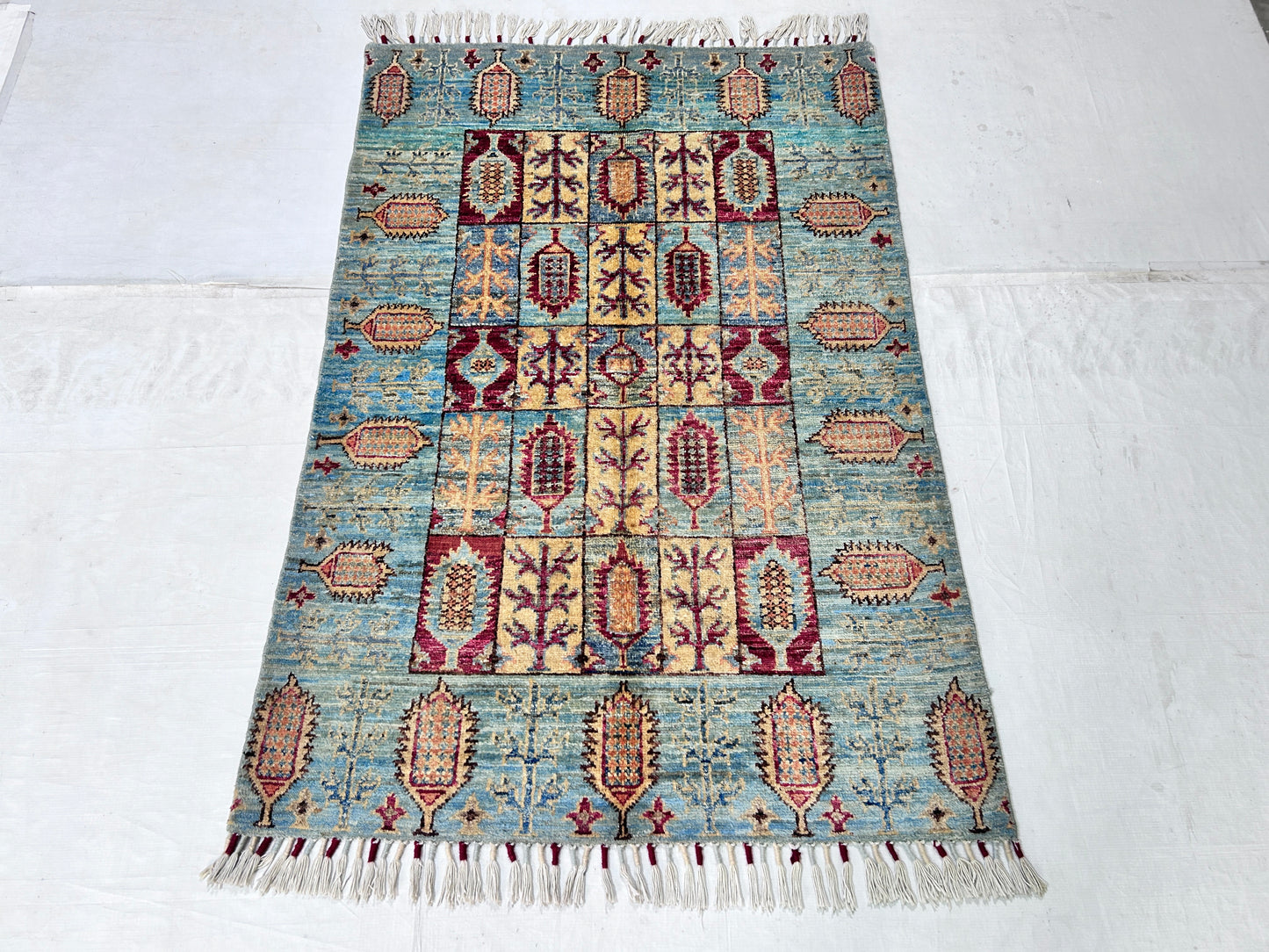 Sky Blue & Red Premium Handwoven Pure Wool Chobrang Rug, 3ft 2in x 4ft 8in