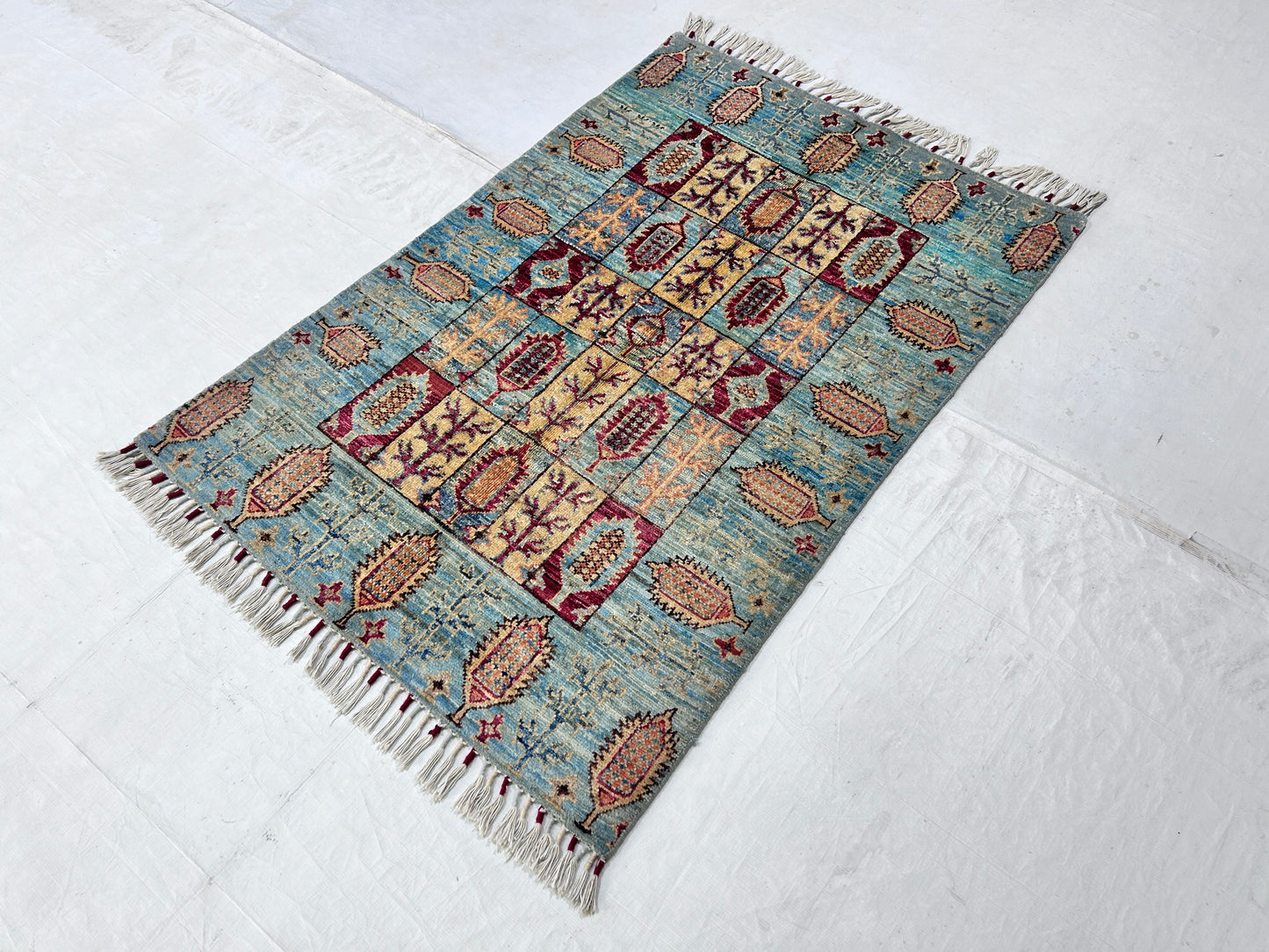 Sky Blue & Red Premium Handwoven Pure Wool Chobrang Rug, 3ft 2in x 4ft 8in