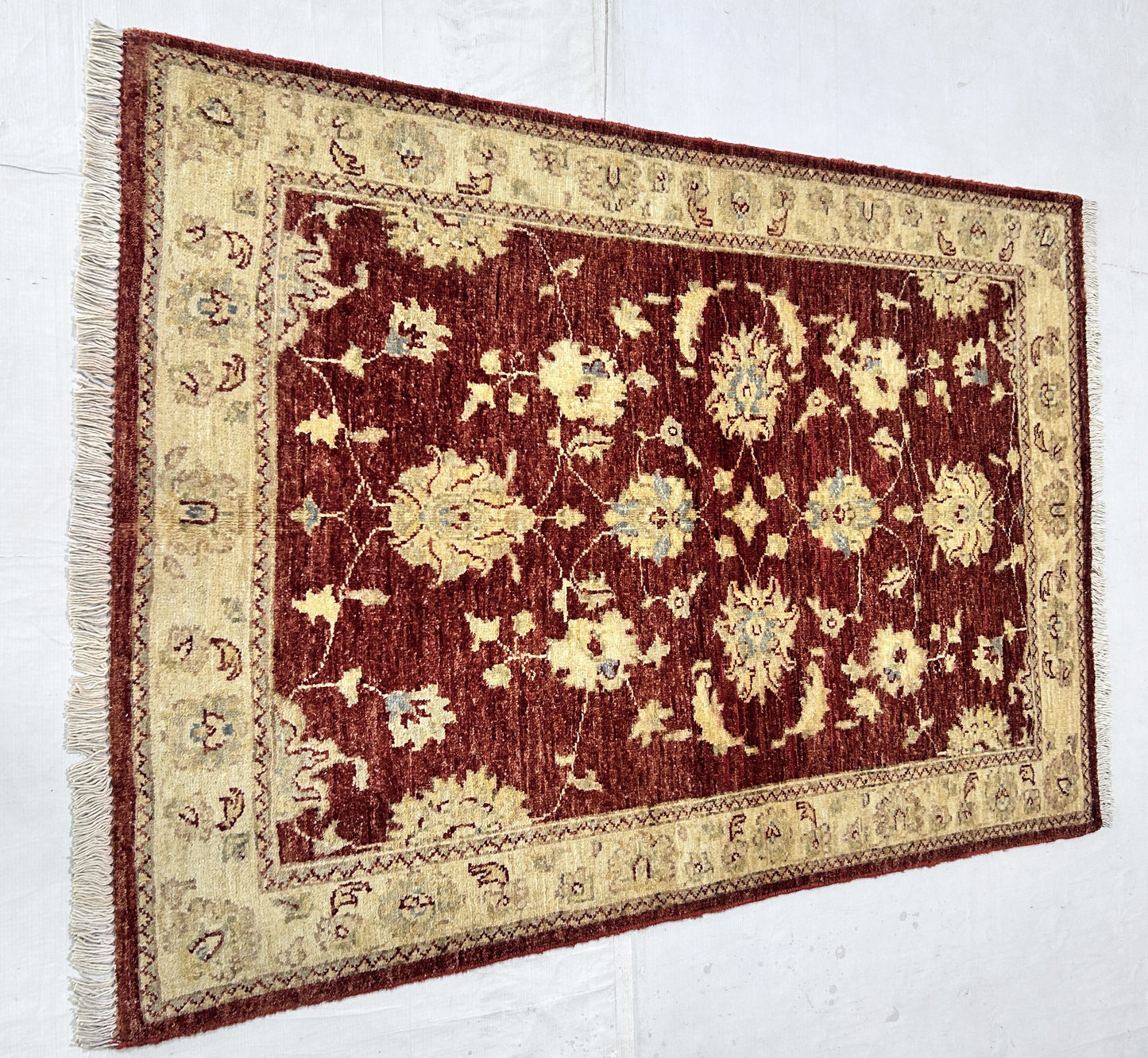 Red & Cream Premium Handwoven Pure Wool Chobrang Rug, 3ft 4in x 4ft 9in