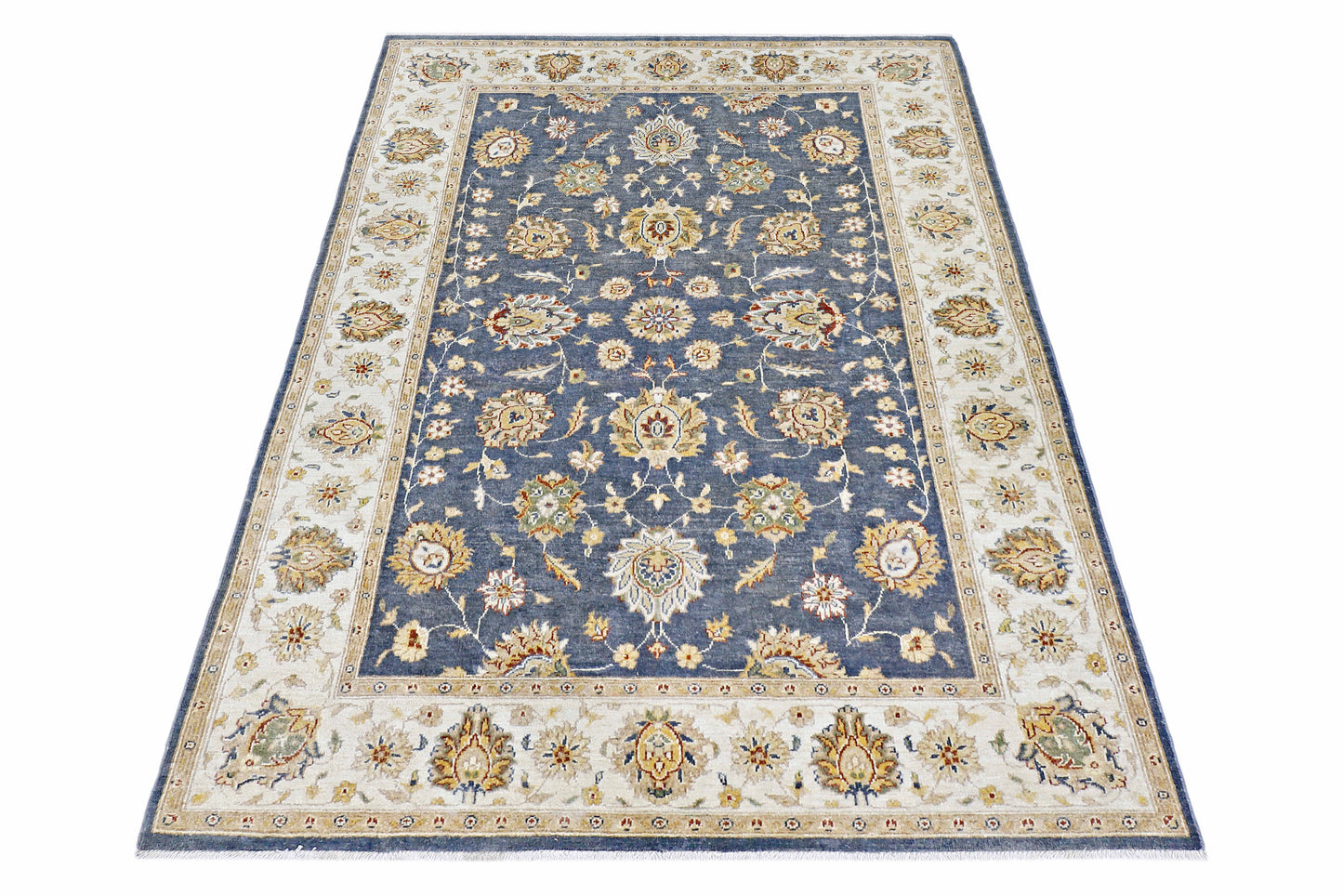 Royal Blue & Ivory Premium Handwoven Pure Wool Ziegler Chobi Rug, 5ft 7in x 7ft 9in