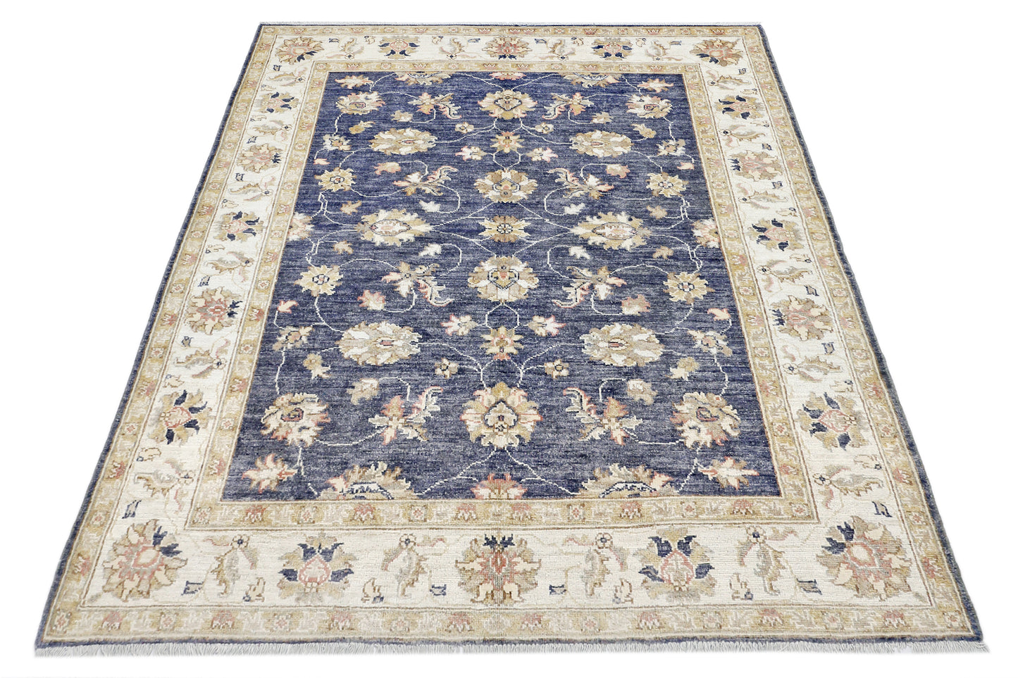 Blue & Ivory Premium Handwoven Pure Wool Chobrang Rug, 4ft 10in x 6ft 7in