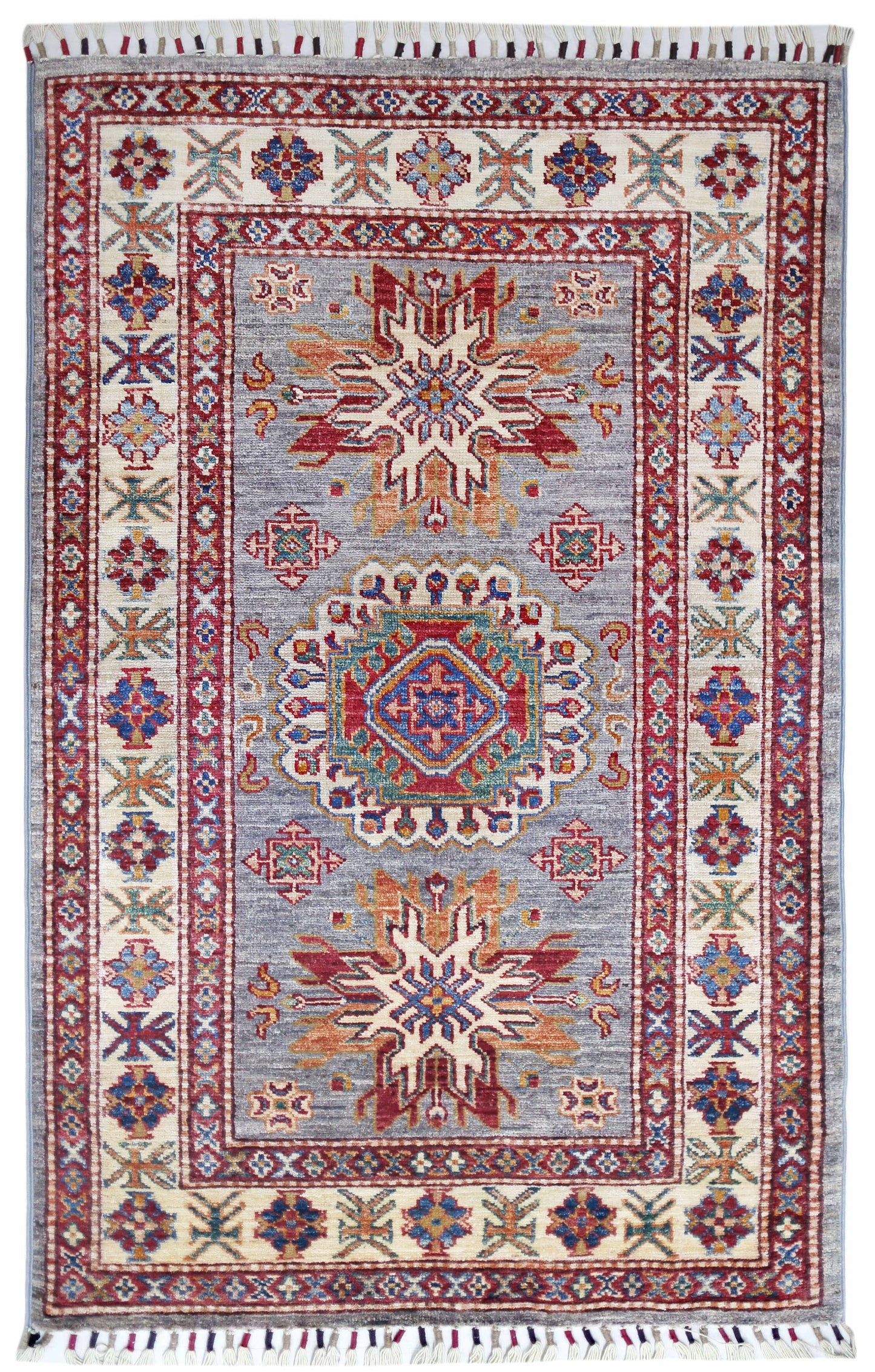 Grey & Ivory Premium Handwoven Pure Wool Super Kazak Rug, 2ft 10in x 4ft 8in