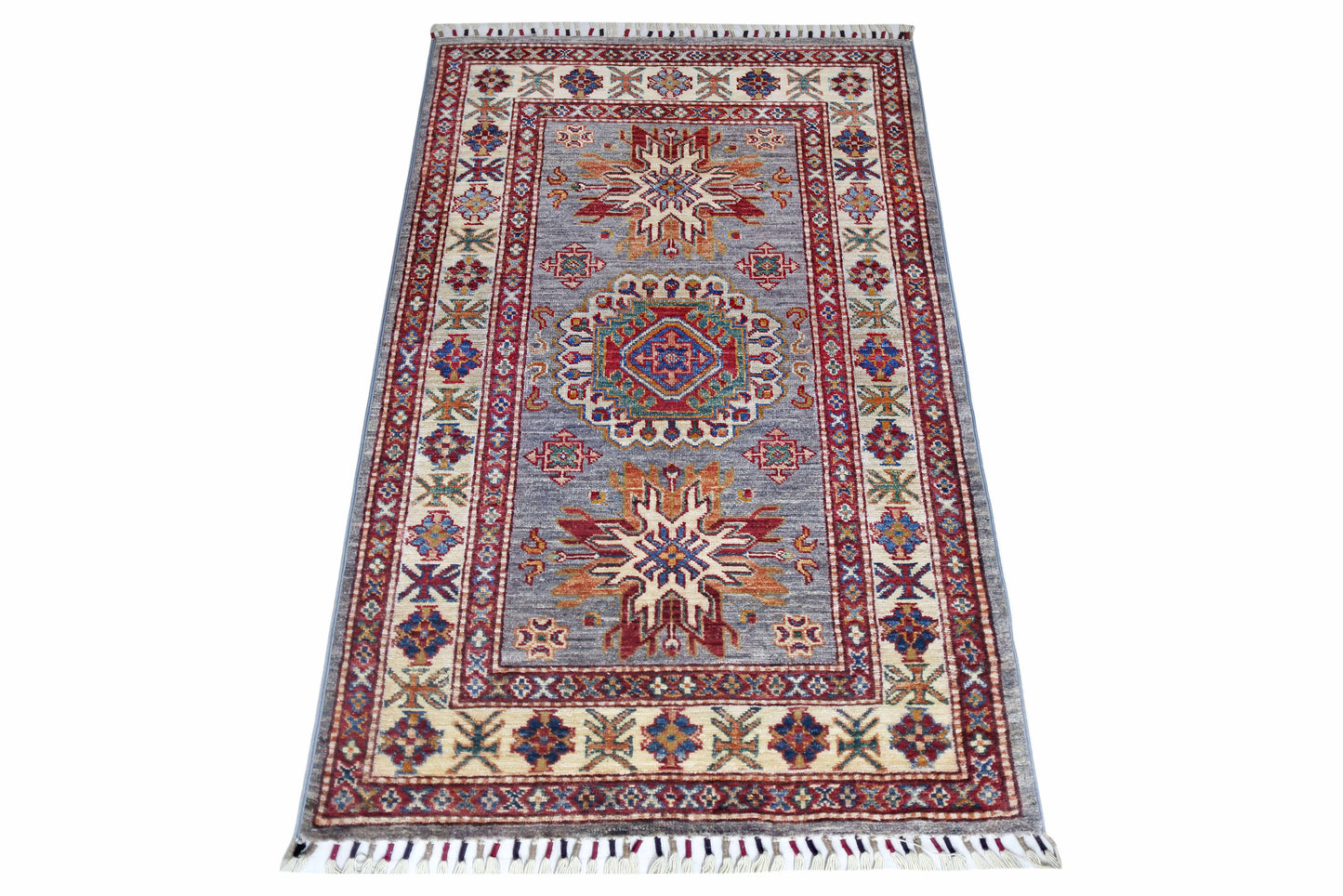 Grey & Ivory Premium Handwoven Pure Wool Super Kazak Rug, 2ft 10in x 4ft 8in