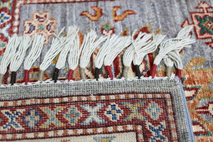 Grey & Ivory Premium Handwoven Pure Wool Super Kazak Rug, 2ft 10in x 4ft 8in