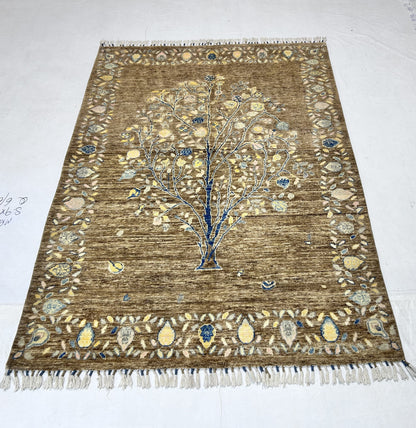 Brown & Sky Blue Premium Handwoven Pure Wool Gaba Rug, 4ft 10in x 6ft 3in