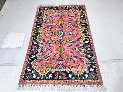 Pink  & Charcoal Premium Handwoven Pure Wool Persian Rug, 4ft 0in x 6ft 3in