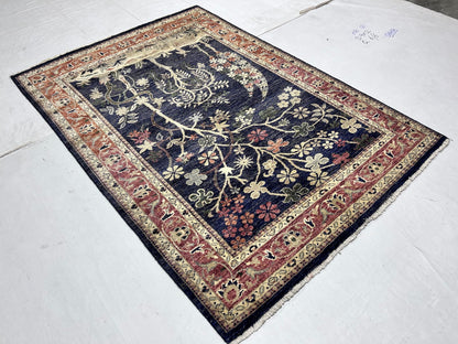 Navy Blue & Rust Premium Handwoven Pure Wool Chobrang Rug, 4ft 7in x 6ft 8in