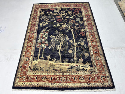 Navy Blue & Rust Premium Handwoven Pure Wool Chobrang Rug, 4ft 7in x 6ft 8in