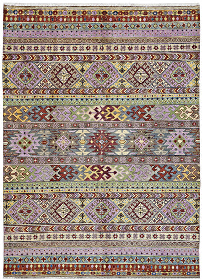 Lilac & Multi-toned Premium Handwoven Pure Wool + Silk Khorjean Rug, 5ft 7in x 7ft 11in