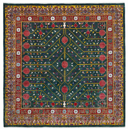 Emerald Green & Red Premium Handwoven Pure Wool Kotan Rug, 6ft 6in x 6ft 6in