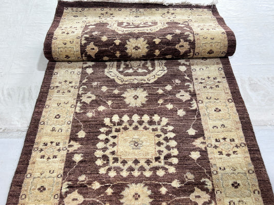 Brown & Ivory Premium Handwoven Pure Wool Chobrang Rug, 2ft 9in x 9ft 10in