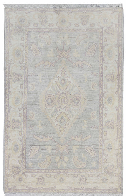 Blue & Ivory Premium Handwoven Pure Wool Angora Oushak Rug, 2ft 11in x 4ft 9in