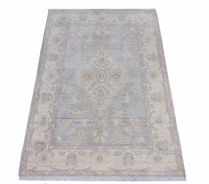 Blue & Ivory Premium Handwoven Pure Wool Angora Oushak Rug, 2ft 11in x 4ft 9in