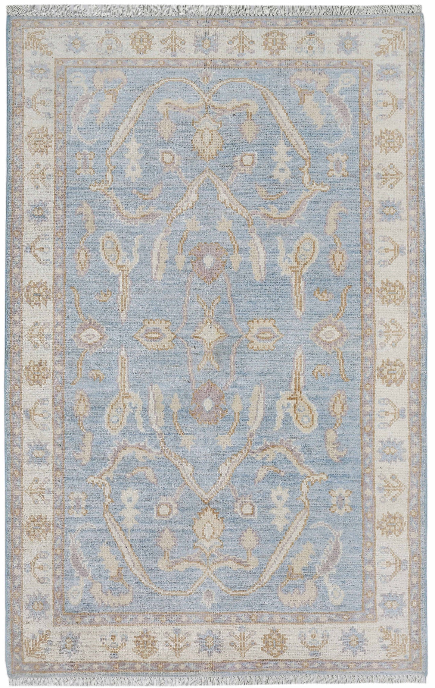 Blue & Ivory Premium Handwoven Pure Wool Angora Oushak Rug, 2ft 11in x 5ft 0in