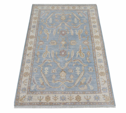 Blue & Ivory Premium Handwoven Pure Wool Angora Oushak Rug, 2ft 11in x 5ft 0in