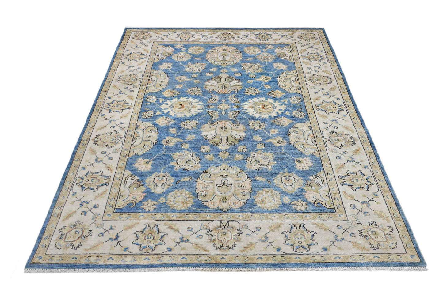 Blue & Ivory Premium Handwoven Pure Wool Ziegler Farahan Arijana Rug, 5ft 6in x 7ft 11in