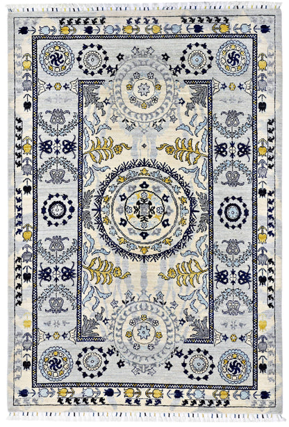 Ivory & Silver Premium Handwoven Pure Wool Suzane Rug, 5ft 6in x 7ft 11in