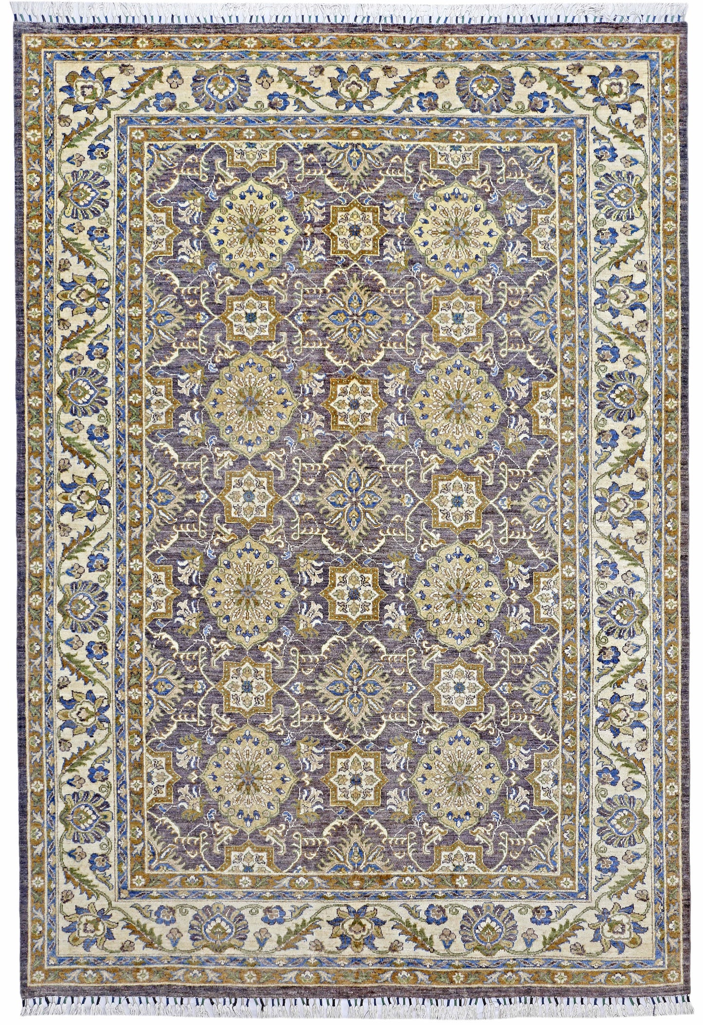 Purple & Ivory Premium Handwoven Pure Wool Chobrang Rug, 6ft 9in x 9ft 9in