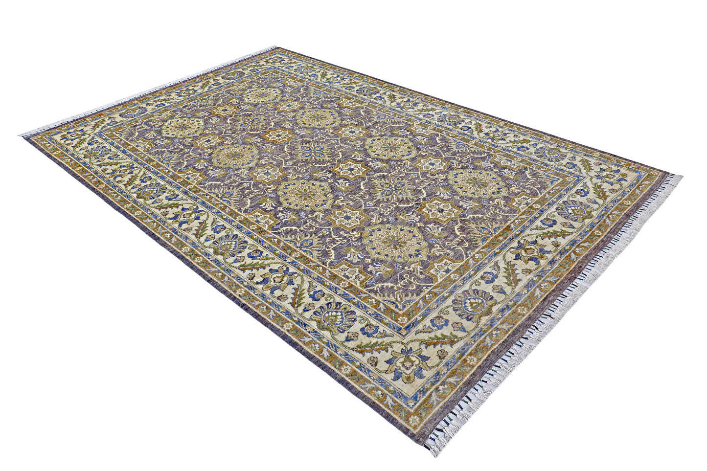 Purple & Ivory Premium Handwoven Pure Wool Chobrang Rug, 6ft 9in x 9ft 9in
