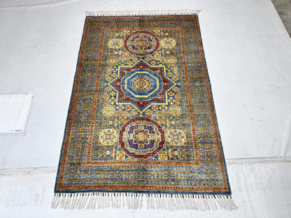 Navy Blue & Red Premium Handwoven Pure Wool Mamlouk Rug, 4ft 0in x 5ft 11in
