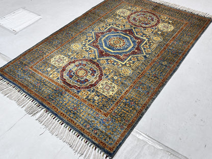 Navy Blue & Red Premium Handwoven Pure Wool Mamlouk Rug, 4ft 0in x 5ft 11in