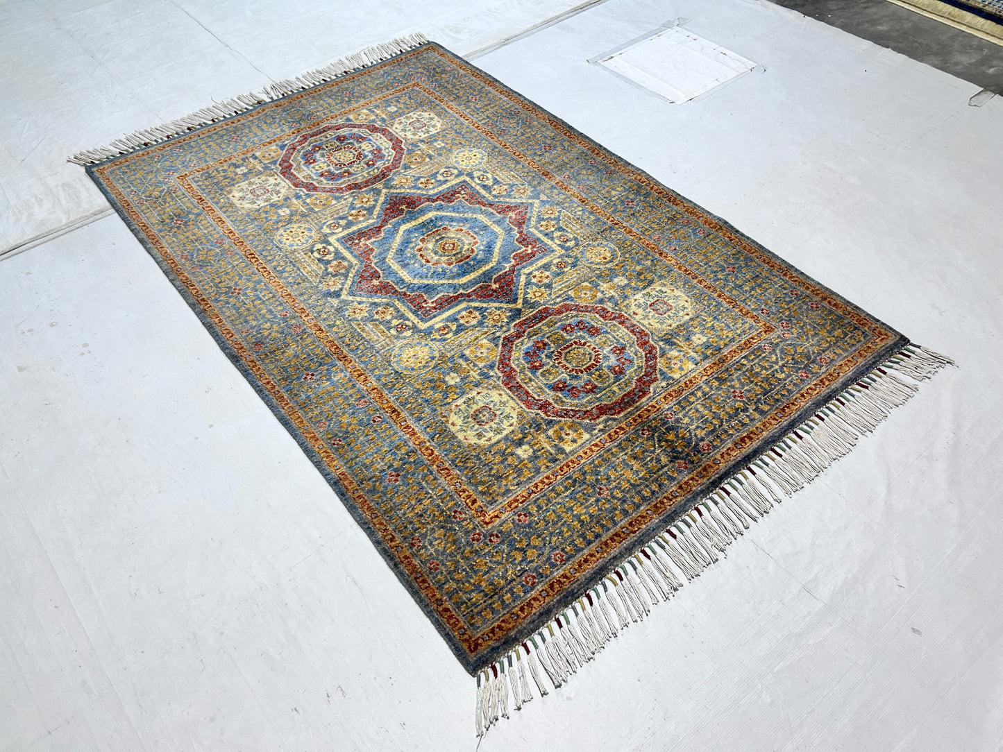 Navy Blue & Red Premium Handwoven Pure Wool Mamlouk Rug, 4ft 0in x 5ft 11in