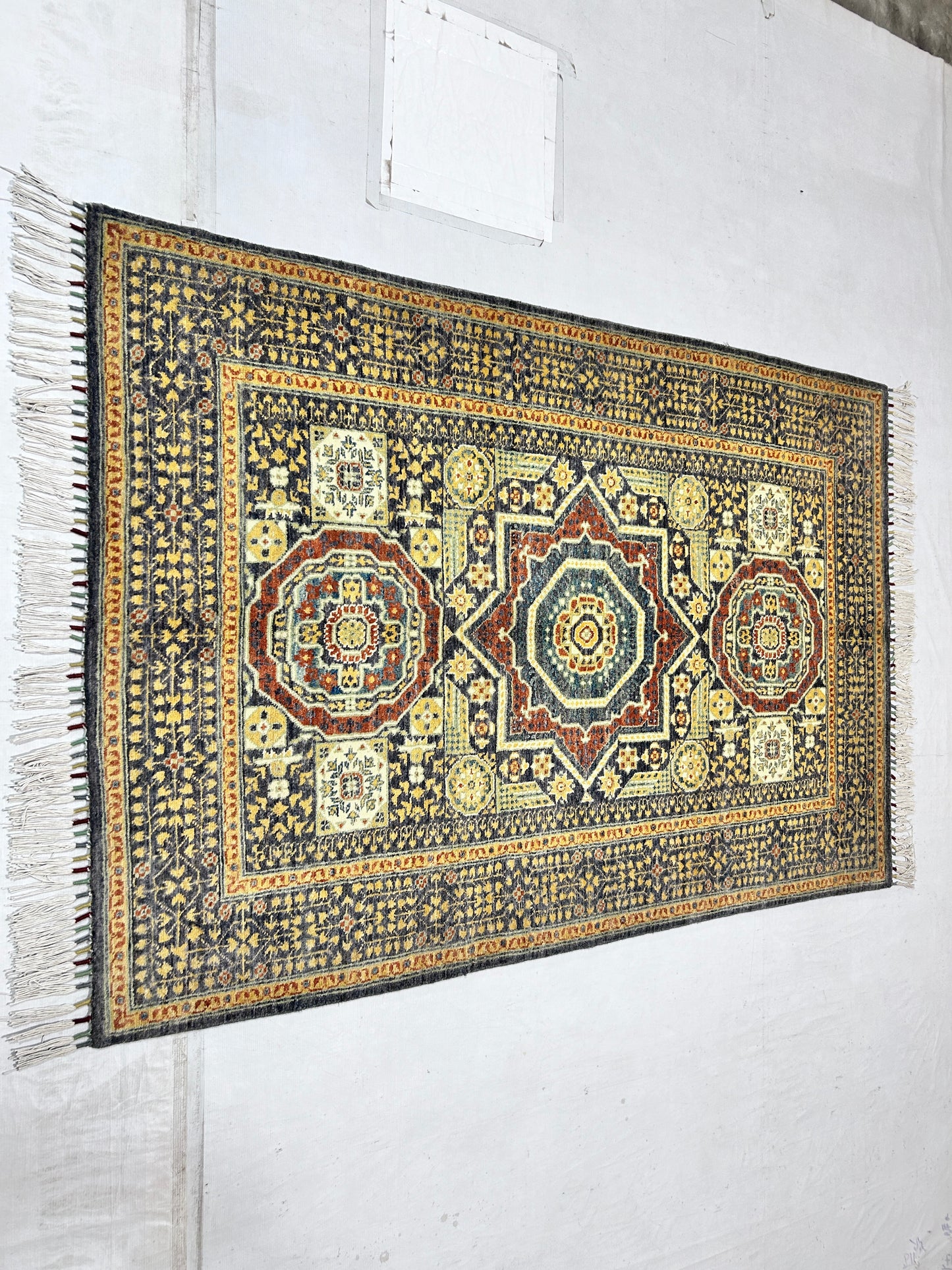 Navy Blue & Gold Premium Handwoven Pure Wool Mamlouk Rug, 4ft 0in x 6ft 0in