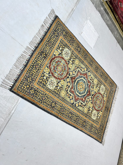 Navy Blue & Gold Premium Handwoven Pure Wool Mamlouk Rug, 4ft 0in x 6ft 0in