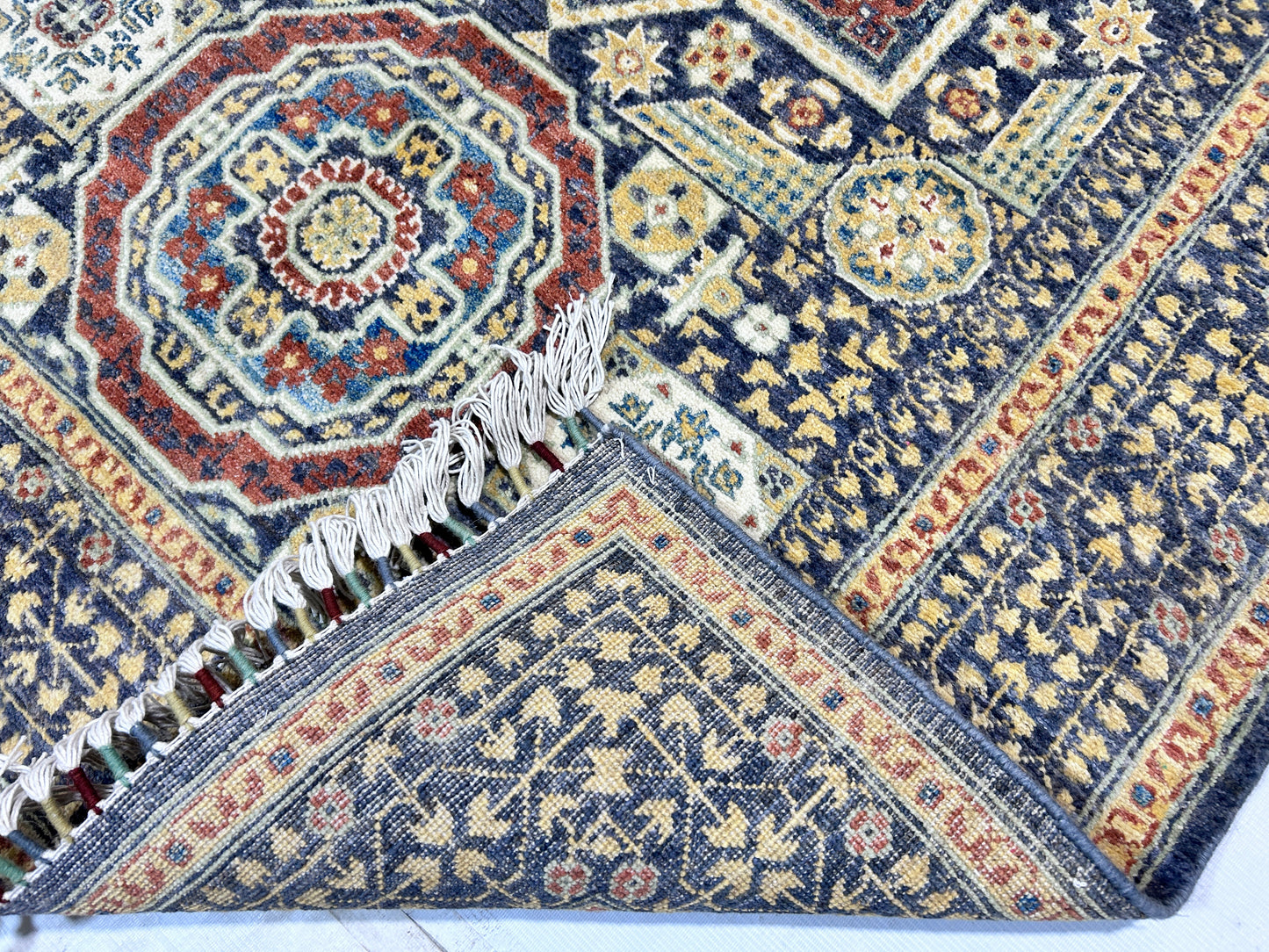 Navy Blue & Gold Premium Handwoven Pure Wool Mamlouk Rug, 4ft 0in x 6ft 0in