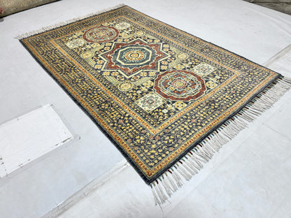 Navy Blue & Gold Premium Handwoven Pure Wool Mamlouk Rug, 4ft 0in x 6ft 0in