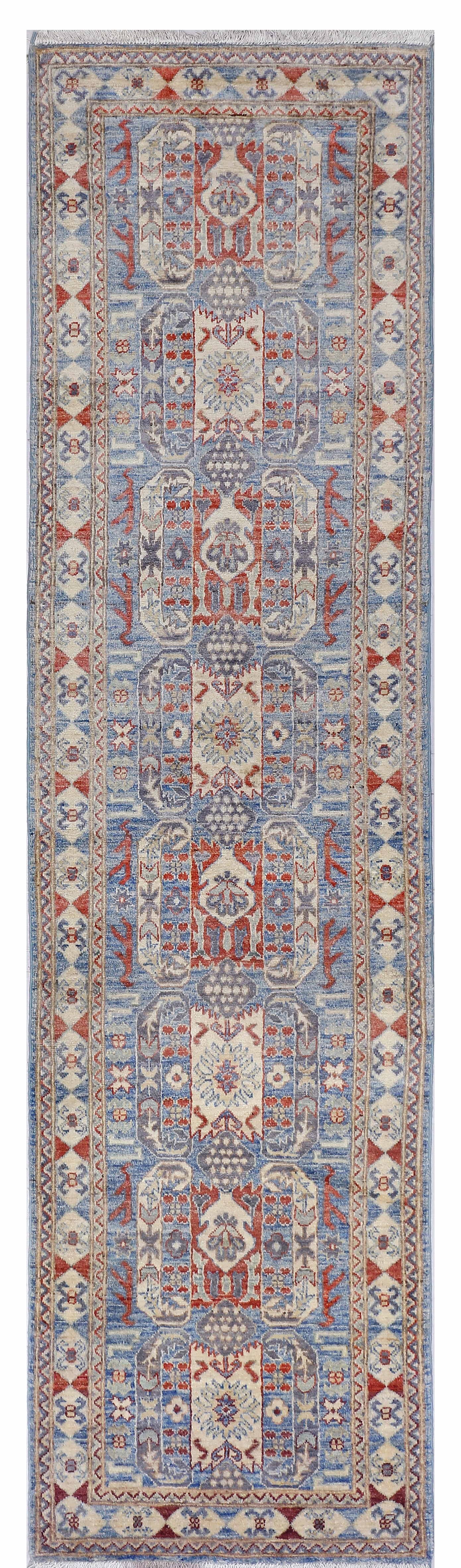 Sky Blue & Ivory Premium Handwoven Pure Wool Chobrang Rug, 2ft 6in x 9ft 9in