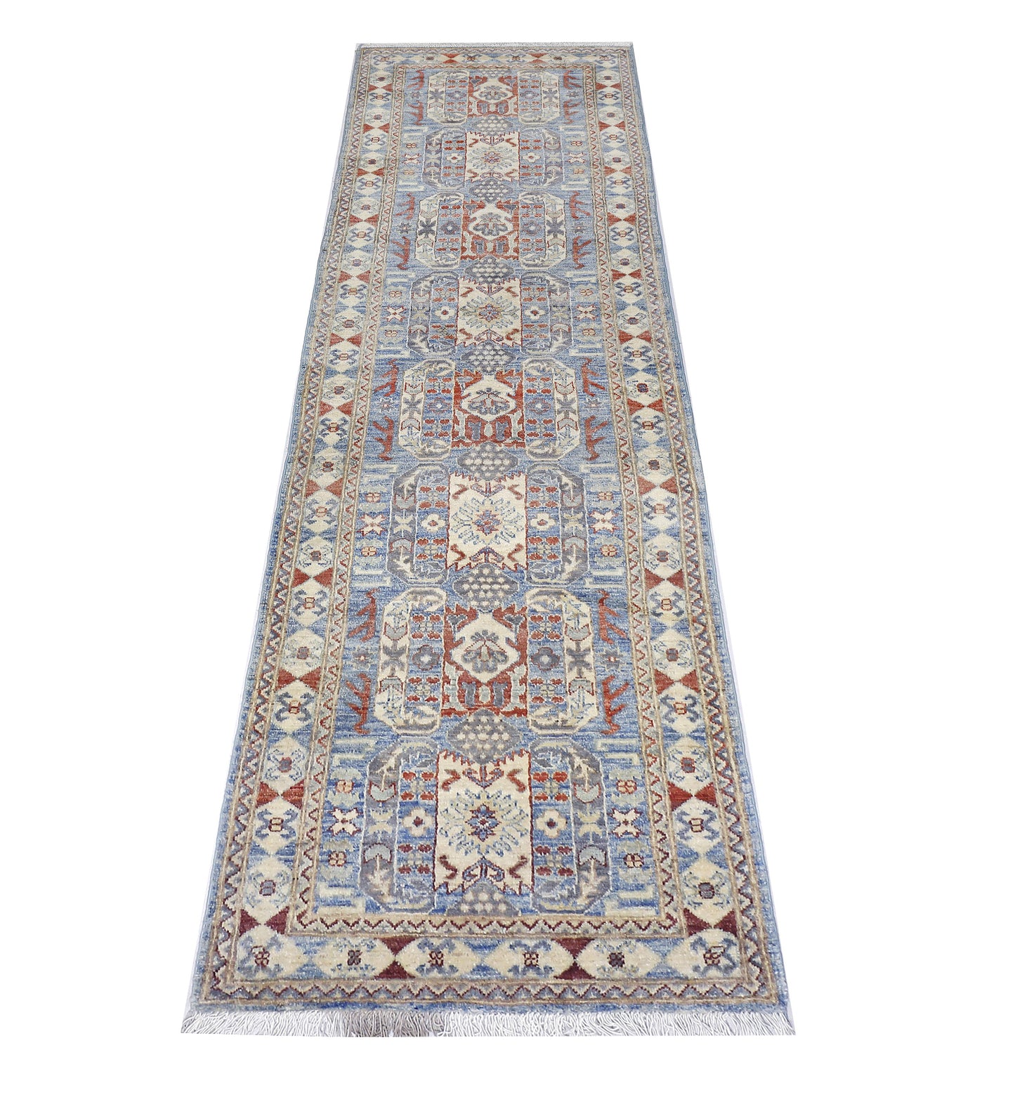 Sky Blue & Ivory Premium Handwoven Pure Wool Chobrang Rug, 2ft 6in x 9ft 9in