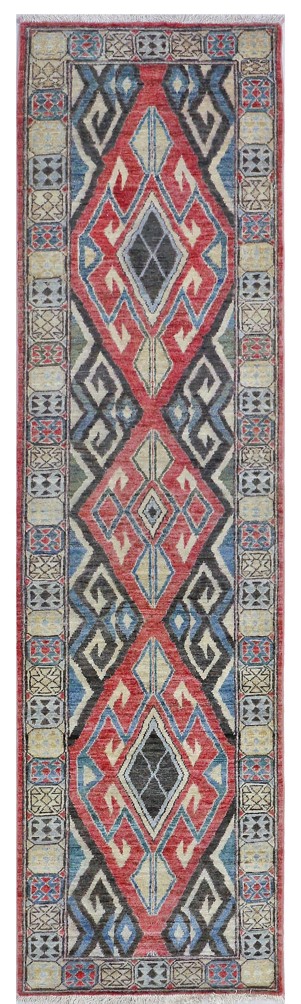 Red & Ivory Premium Handwoven Pure Wool Chobrang Rug, 2ft 7in x 9ft 8in