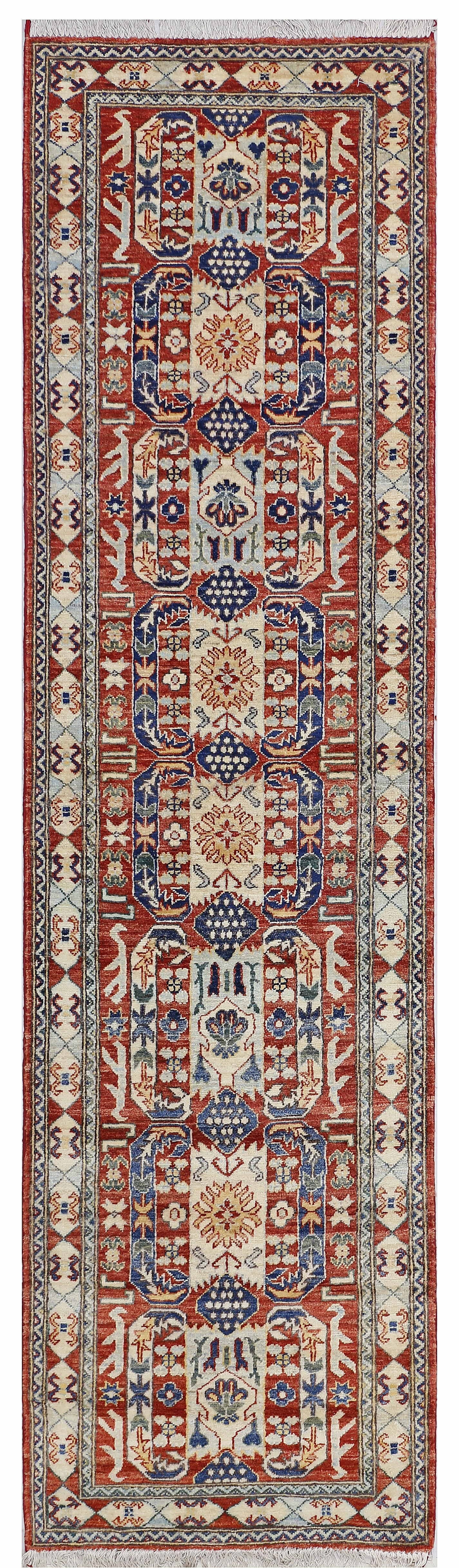 Red & Ivory Premium Handwoven Pure Wool Chobrang Rug, 2ft 8in x 9ft 11in