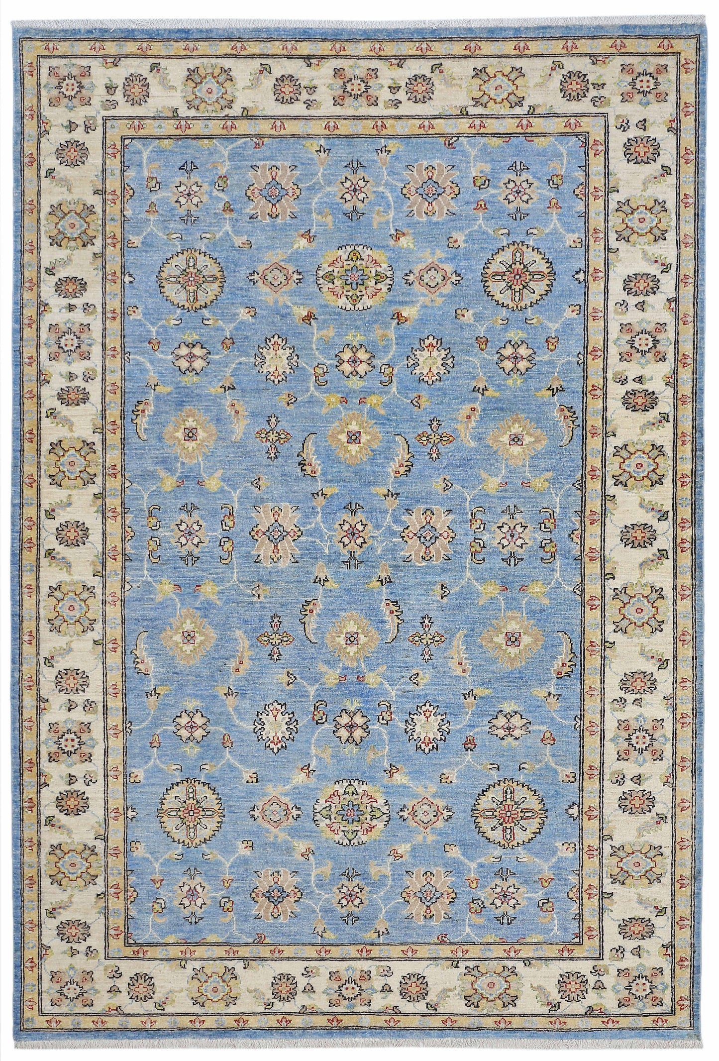 Sky Blue & Ivory Premium Handwoven Pure Wool Chobrang Rug, 5ft 11in x 8ft 8in