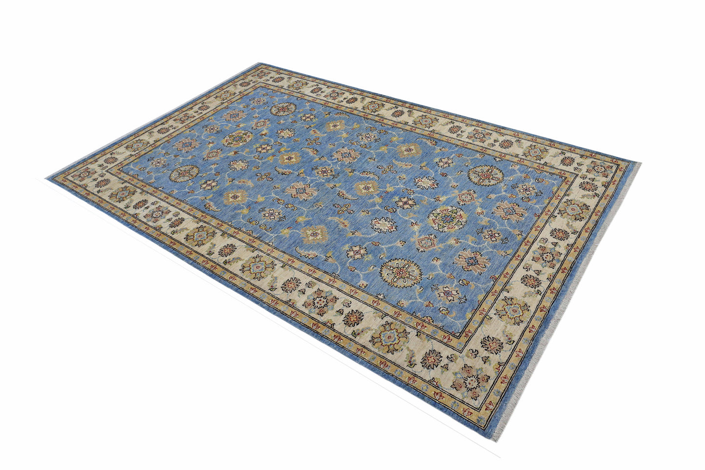 Sky Blue & Ivory Premium Handwoven Pure Wool Chobrang Rug, 5ft 11in x 8ft 8in