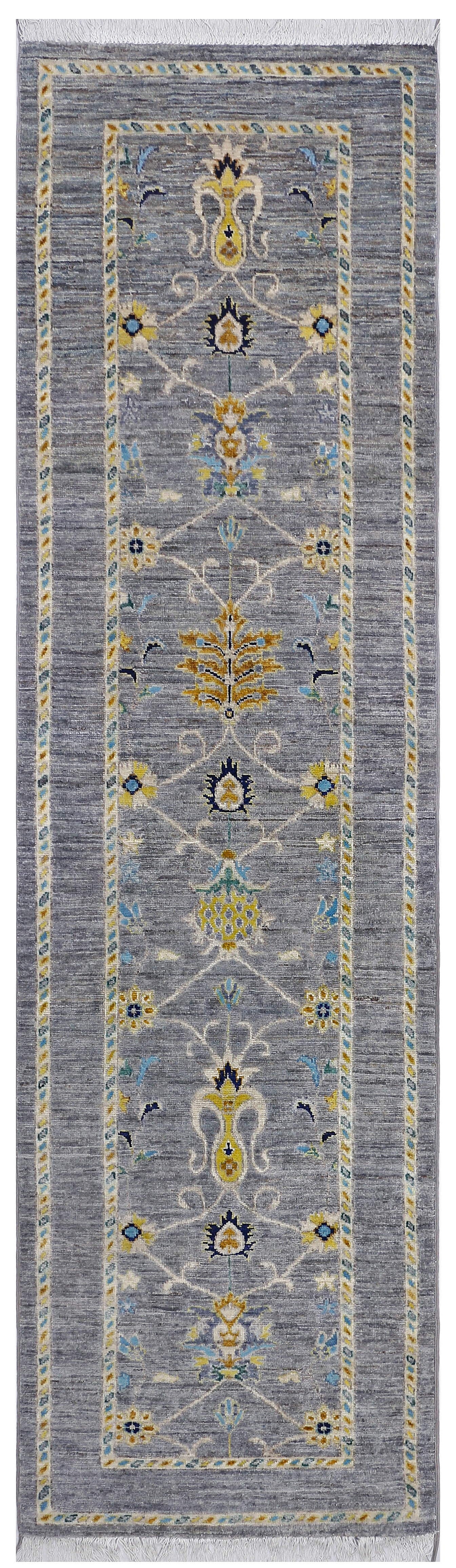 Grey & Yellow Premium Handwoven Pure Wool Chobrang Rug, 2ft 8in x 9ft 4in