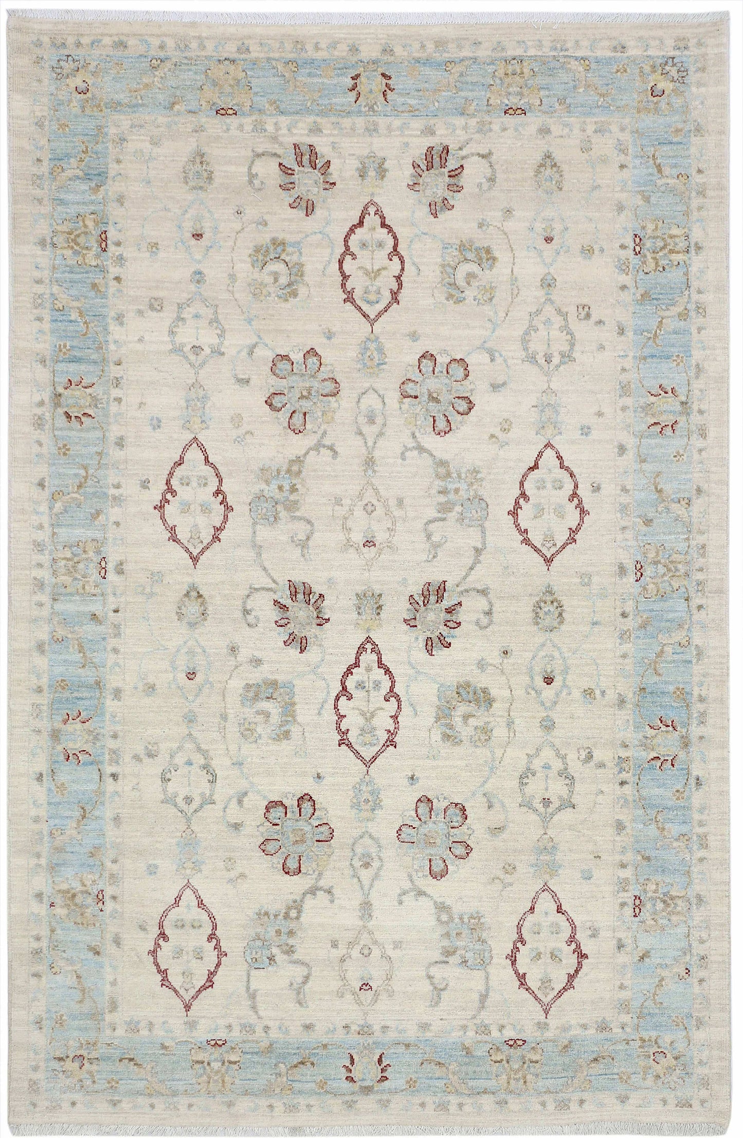 Ivory & Sky Blue Premium Handwoven Pure Wool Chobrang Rug, 5ft 10in x 9ft 0in