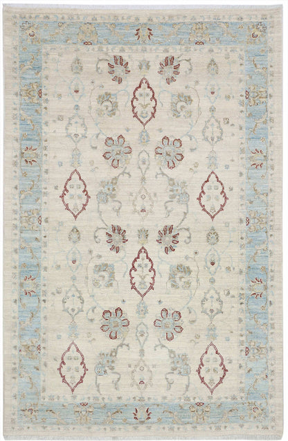 Ivory & Sky Blue Premium Handwoven Pure Wool Chobrang Rug, 5ft 10in x 9ft 0in
